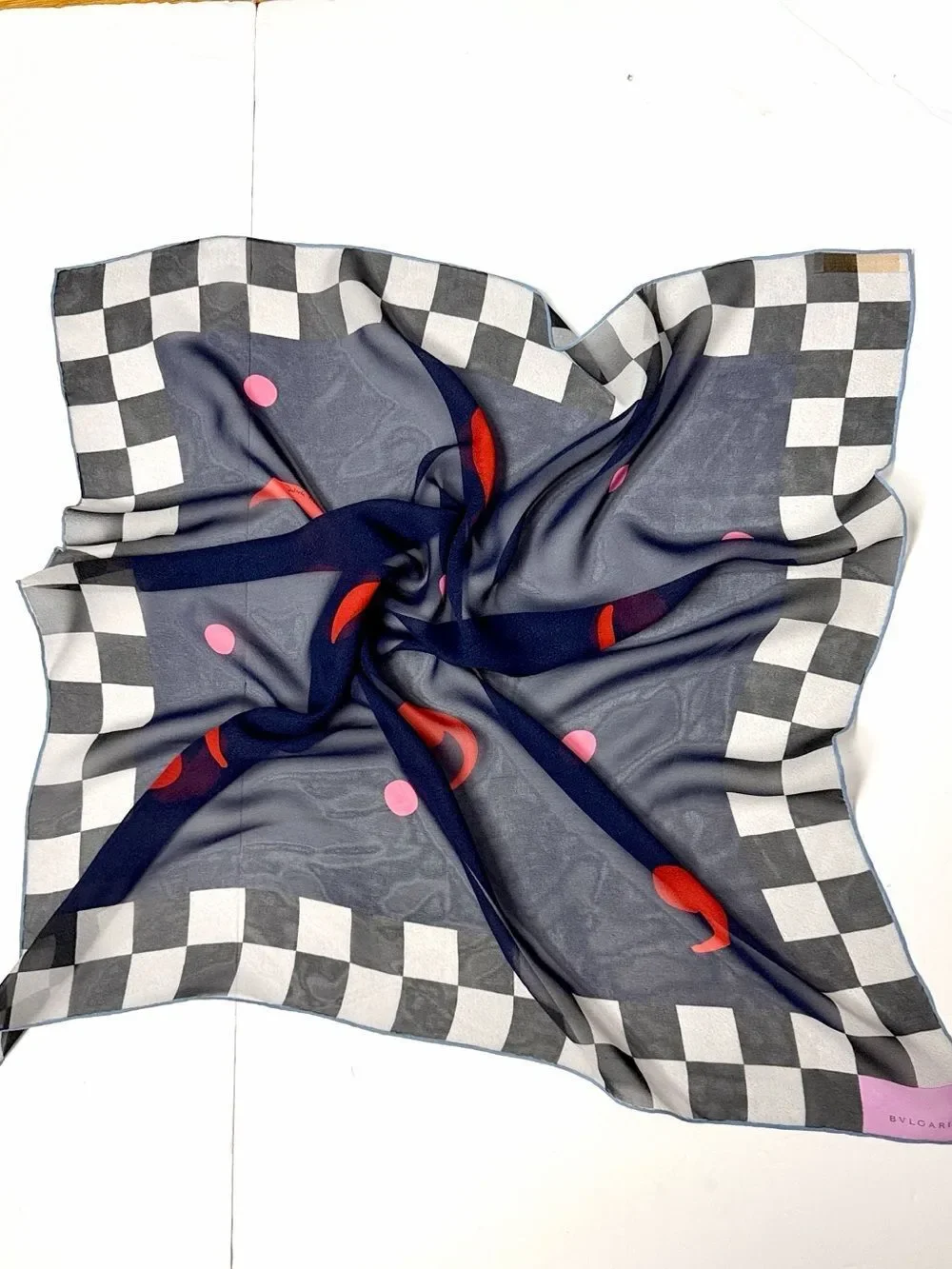 Bvlgari Signed Davide Pizzigoni Silk Chiffon Scarf Abstract Checkerboard Italy